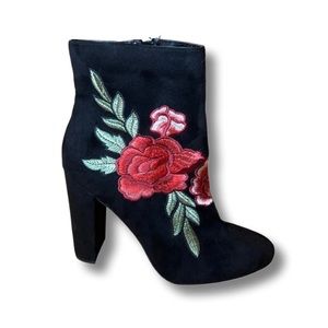 Velvet Floral Stitch Heeled Booties